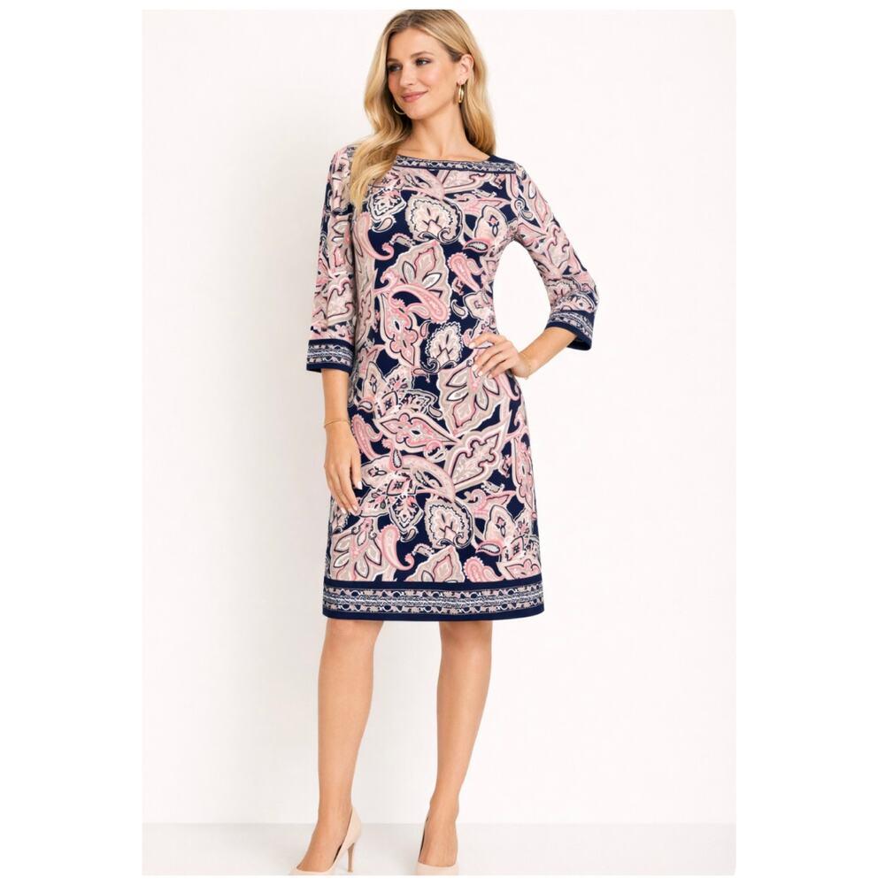 INC Navy Pink Paisley Matte Jersey Shift Dress Boat Neck 3/4 Sleeve Women's XL